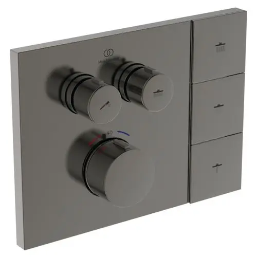 Bedienelement in glänzendem Grau mit drei Reglern und vier Tasten für die Steuerung einer Dusche, markiert mit Symbolen. Produkt von Ideal Standard.